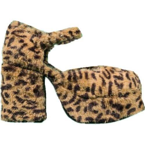 Womens Round Toe Leopard Furry Fur Mixed Colors Platform Block High Heel Ankle Belt Buckle Retro Shoes Lolita Cosplay New B01