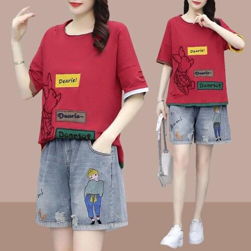 2021 Summer Single/Set Female Art Retro Round Neck Two Piece T-Shirt Korean Version Of Short-Sleeved Top Ripped Jeans Suit Women