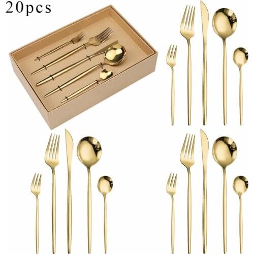 20Pcs Tableware Glossy Gold Steel Cutlery Set Dinnerware Dinner Flatware Wedding Set Gift Box Forks Knives Spoons Set Silverware