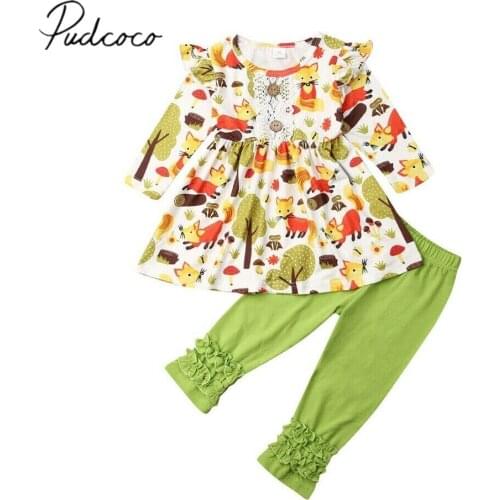 2019 Baby Spring Autumn Clothing Toddler Baby Girls Long Sleeve Clothes Animals Lace Tops T-shirt Ruffled Pants Leggings Set
