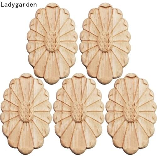 5PCS Vintage Statues Home Decor Decoration Accessories Wood Fittings Oval Sculptures Carving Decorative Applique Craft