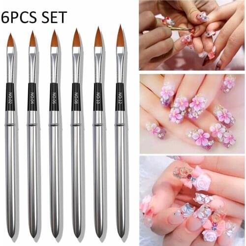 6Pcs/set Nylon Hair Nail Brush Steel Handle Art Patern Painting Detachable Pen Nail Gel Builder Carving Dotting Drawing Tools