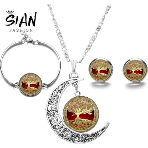SIAN Hot Gold Color Tree of Life Jewelry Sets Crystal Glass Round Pendant Necklace Earrings Bracelet Elegant Women Jewelry Gift