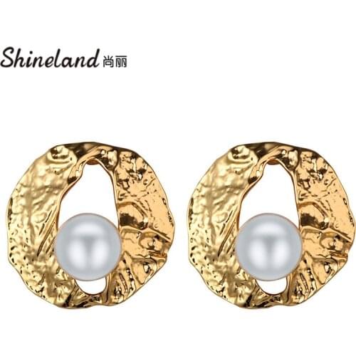 Shineland Vintage Round Uneven Irregular Stud Earrings Simulated Pearl Metal Brincos Punk Jewelry Bijoux Gift 2021 Wholesale