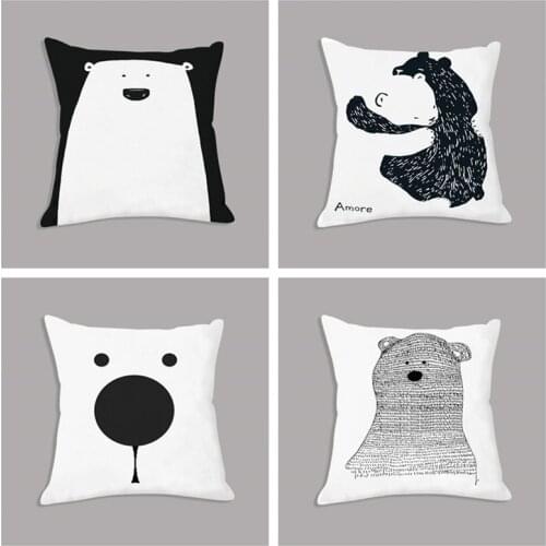 Cartoon Polar Bear Animal Nordic Art Minimalist Black White Cushion Cover for Sofa Decorative Pillowcase 45x45cm Home Decor