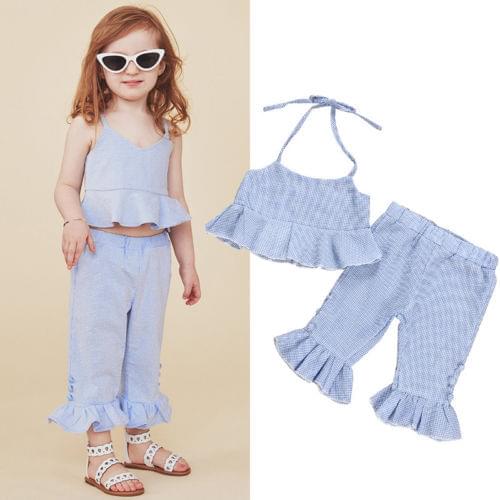 Citgeett Toddler Kids Baby Girl Summer Striped Plaid Blue Ruffle Tops Flared Pants Outfits Summer Cute Clothes