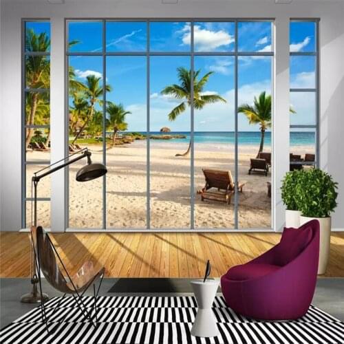 Decorative wallpaper 3D balcony Windows beach coconut landscape painting background wall painting