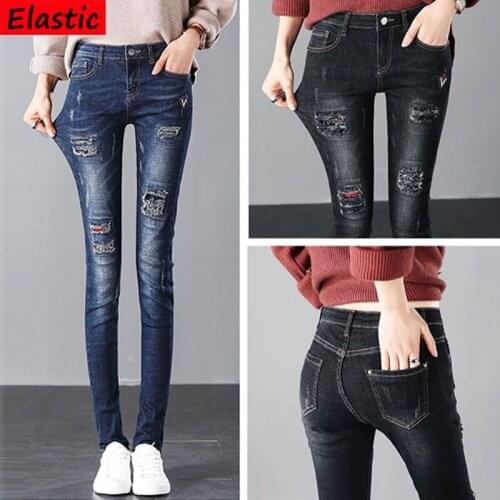 High Waist Jeans джинсы Woman Pants Elastic Women Denim Trousers Patch Hole Full Jeans Pantalones Vaqueros Mujer Pencil Pants