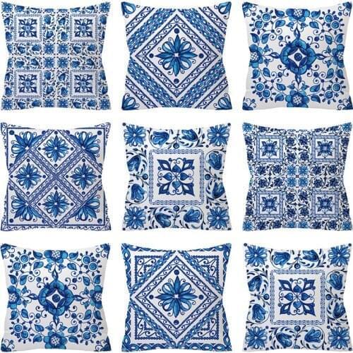 Italian Watercolor Blue Pillowcase Hot Geometry Ethnic Floral Print Cushion Cover Modern Boho Decor Livingroom Sofa Throw Pillow