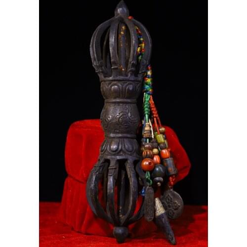 12"Tibet Temple Collection Old Bronze Engraved Pendant Gem Vajra Dharma Dorje Vajra Phurpa Town House Exorcism