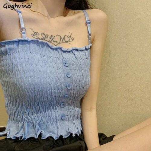 Tanks Tops Women Button Solid Chic Summer Streetwear Sexy Womens Basic All-match Camisoles Slim Crop Top Cool Girls Stylish New