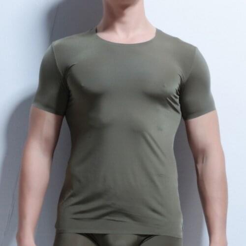 Man Undershirt Ice Silk Slip Sheer T Shirts Camiseta Interior Hombre Male Short Sleeves Tops Tee Ultra-thin Sleepwear Underwear