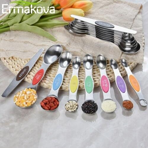 ERMAKOVA 8 Pcs/set Magnetic Double-head Measuring Spoon Set Stainless Steel Measuring Spoon Cup Set Baking Seasoning Spoon