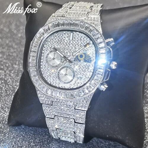 MISSFOX Men luxury Watch Silver Ice Out Full Diamond Square Wrist Watches Double Dial Chronograph Waterproof Watches 2021 New