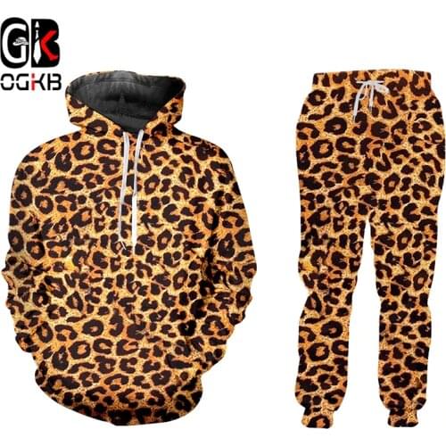 OGKB Selling Casual 2 Piece Suit New Animal 3D Printing Leopard Print Harajuku Hoodie And Jogging Pants Large Size Wholesale