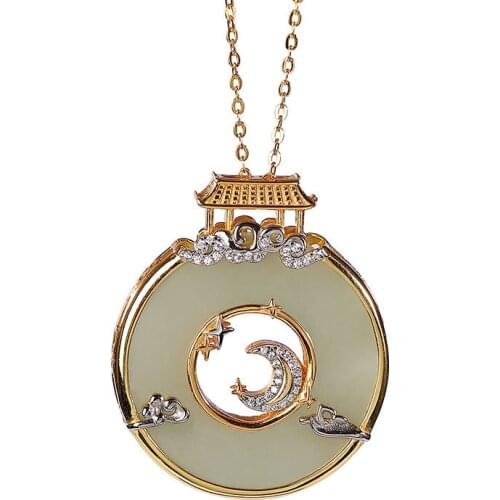 S925 sterling silver gold plated Hetian Jade Gray Jade vintage Tiangong moon auspicious cloud peace buckle set Chain pendant