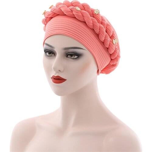 Latest Aso Oke Auto Gele Headtie Already Handmade African Cap Nigerian Wedding Gele Women Double Braid Turbans Ladies Hat Wraps