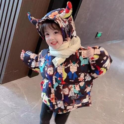 2021 new childrens hooded fashion down jacket, short baby graffiti cartoon jacket, boy and girl winter coat, middle and small c