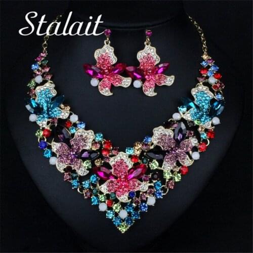 Luxury Crystal Flower Bridal Wedding Jewelry Sets For Women Gold Color Choker Alloy Necklace Earrings Set Wedding Party Jewelry