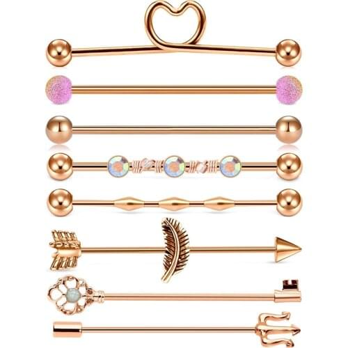 14G 8pc/set Stainless Steel Industrial Barbell Earring Cartilage Body Piercing Jewelry 38mm 1&1/2 Inch Industrial Piercing Bar