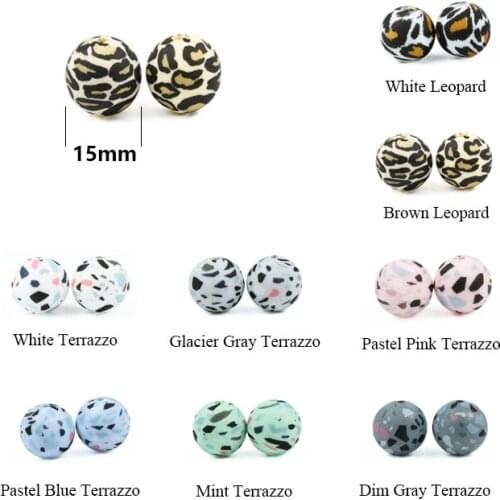 Silicone Beads 100 PCS Leopard Print 15 MM Baby Teether Camo Dalmatian Teething Bead DIY Jewelry BPA Free Pacifiers Clip Making