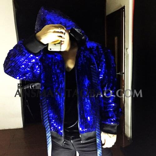 Blue Nightclub Male Singer Korea HIPHOP Royal Mirror Loose Ribbon Baseball Uniform Costume Jacket