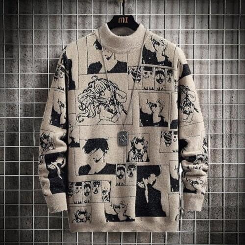 Anime Sweater Men Winter Sweaters Long Sleeve Pullovers Anime Clothes Men Streetwear Cartoon Pattern Mock Neck Sweater Japan