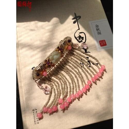 Jadite Bat classical spring clip Colored Glaze Pink Crystal Beads Tassel Pinchcock chinese style hairpin