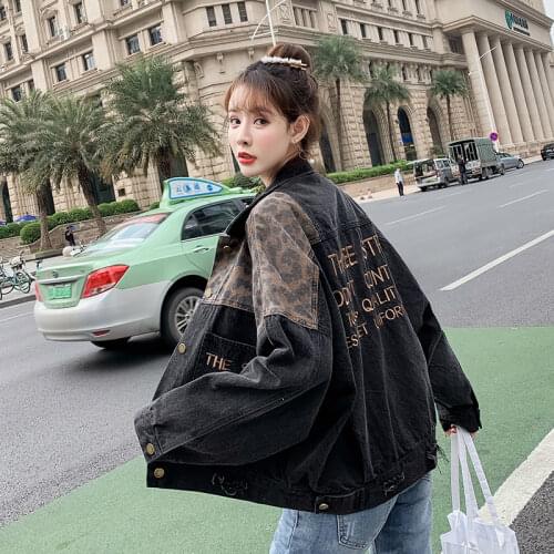Autumn winter Denim Jacket Women Coat Letter Embroidery Leopard patchwork Loose Denim coat High quality female jacket 2020 HOT