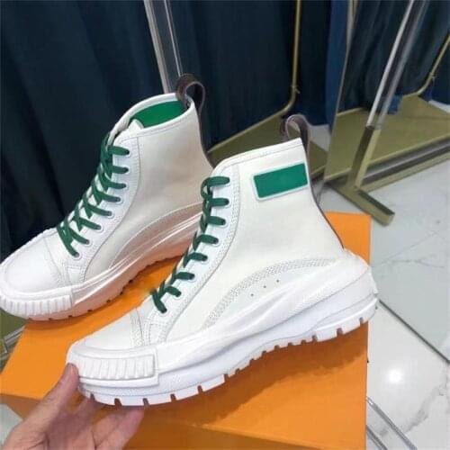 2021 Women High Top Sneakers Platform Lace Up Canvas With Genuine Leather High Quality Ladies Shoes Trainer Boots