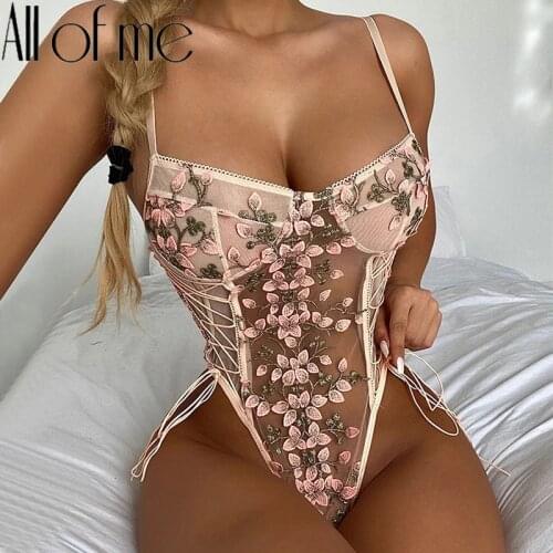 Sexy Bandage Bodysuit Women Lace Lingerie Jumpsuit Hollow Out Perspective Playsuits Embroidery Floral Mesh Romper Sexy Bodysuit