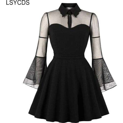 LSYCDS Plus Size Halloween Mini Women Dress Vintage Turn-down Collar Flare Sleeve Lace Dress Burgundy Party Dress for Woman