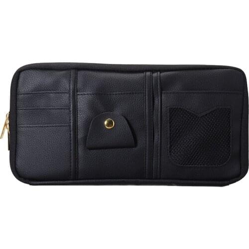 1pc Black PU Leather Car Auto Sun Visor Organizer Pouch Bag Pocket Organizer Storage Pouch Glasses Bill Card Holder DIY Parts
