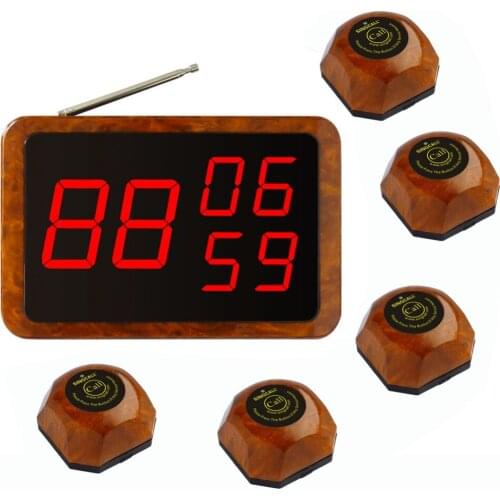 SINGCALL Wireless Hotel Service System, 5 APE560 One-Button Wood Color Pagers and 1 APE1300 Fixed Host Receiver