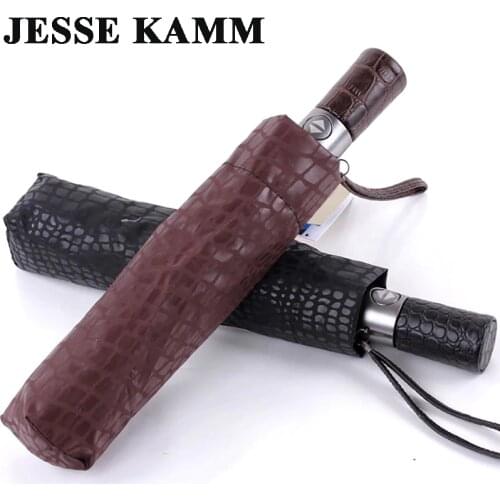 JESSE KAMM New Gentle Men Three Folding Compact Fully Automatic Large Imitation leather High Quality Winfproof Strong Umbrellas