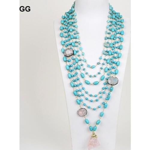 GuaiGuai Jewelry 19"-31" 7Strands Blue Turquoise Gems Stone Necklace Rose Quartz Crystal Connector