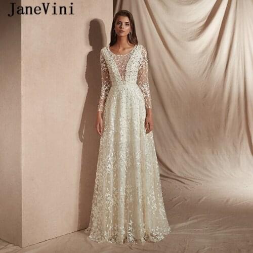 JaneVini Luxury Beading A Line Prom Dresses with Long Sleeves 2019 Fashion Scoop Neck Pearls Sheer Back Lace Evening Party Gowns