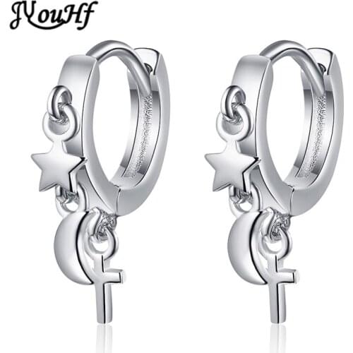 JYouHF Fashion 925 Sterling Silver Drop Earrings for Women Gold Silver Star Moon Cross Charms Tassel Earring Jewelry Female Gift