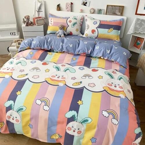 Rabbit Bedding Set Colorful Rainbow Cute Bear Boys Girls Flat Sheets Bed Linen Duvet Quilt Cover Pillowcase for Queen Full Bed