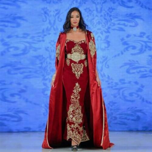 Red Moroccan Kaftan Mermaid Evening Dresses Long Sleeves Appliques Beaded Dubai Muslim Celebrity Arabic Prom Dress Custom Made