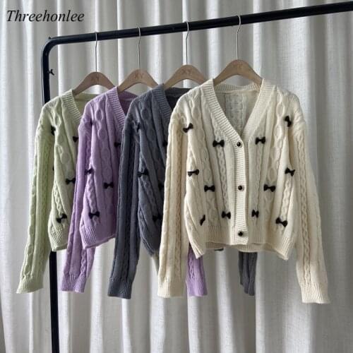 Sweet Sweater Jacket For Women 2021 Autumn V Neck Bow Soft Knitted Top Korean Fashion Loose Slim Preppy Style Mohair Cardigan