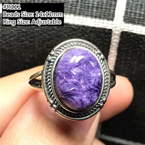 Genuine Natural Purple Charoite Crystal Ring Jewelry For Woman Lady Man Silver Oval Beads Gemstone Adjustable Size Ring AAAAA