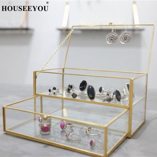 Retro 2 Layers Drawer Glass Jewelry Storage Box European Makeup Cosmetic Organizer Watch Display Stand Bathroom Storage Rack