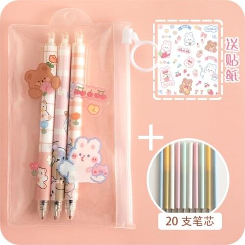 Cute bear 3 packs [20 refills and storage bag plus stickers] push pen student girl cartoon cute gel pen