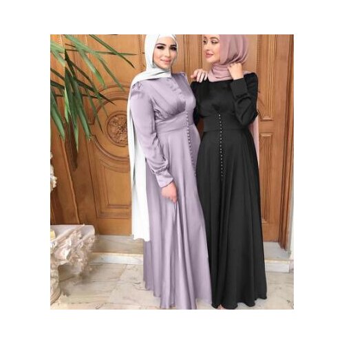 Satin Hijab Dress for Women 2021 New Ramadan Eid Mubarak Elegant Solid Slim Waist Swing Arabic Turkey Muslim Clothes
