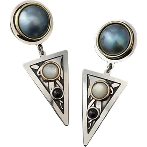 New Korean Fashion Creative Triangle Geometry Pendants Earrings Metal Inlaid Pearl Shell Moonstone Ear Studs Retro Jewellery