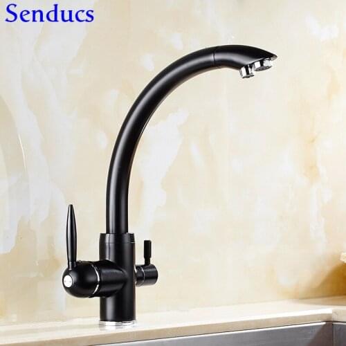 Senducs Health Black Filter Kitchen Mixer Tap Clean Water Mixer Tap Dual Handle Brass Black Bronze Kitchen Sink Faucet