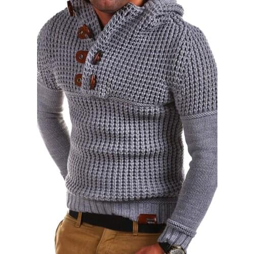 Mens Solid Color Horn Button Sweater Autumn Casual Chunky Jumper Hoodie Male Winter Street Pullovers Men Hooded Sweaters