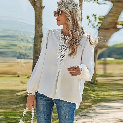 New Sexy Hollow Out Shirts Lady 2021 Spring Summer Loose White Floral Lace Patchwork Long Sleeve Blouse Women Tops Elegant Shirt