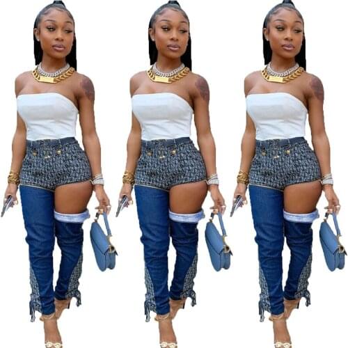 Women Sexy Zipper Spliced Jeans Fashion Print High Waist Patchwork Jeans Woman Casual Skinny Two Wear Denim Pants